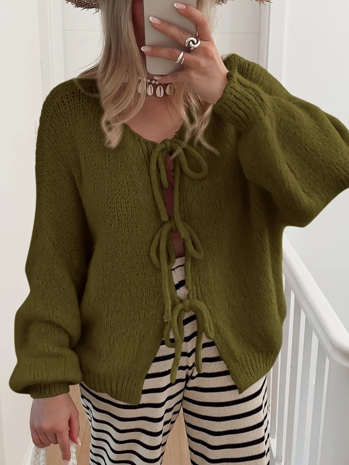 MASCOMODA 2025 Bow Tie Front Cardigan Sweaters for Women Fall Winter Oversized Long Sleeve Open Front Chunky Sweater Coats