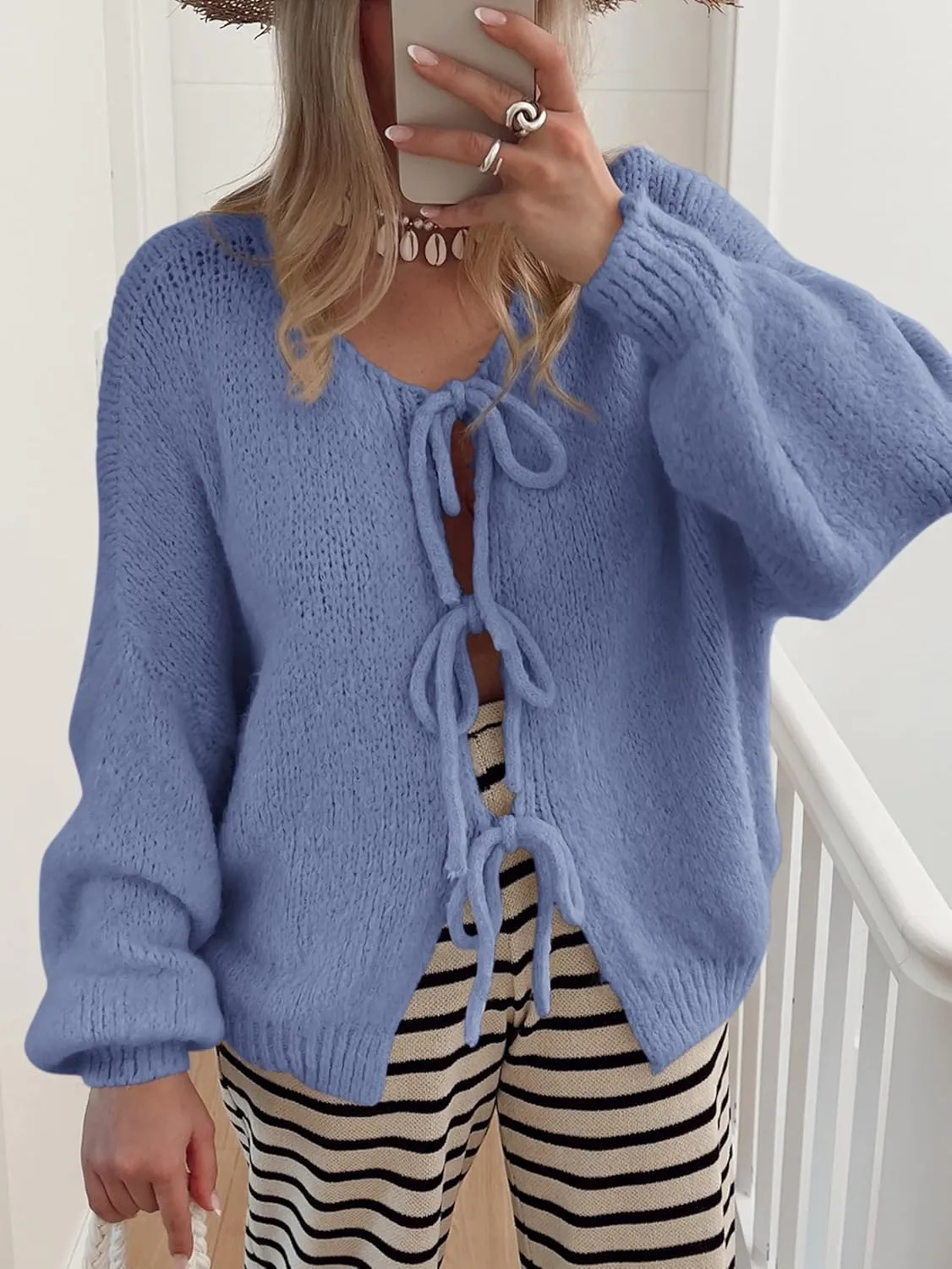 MASCOMODA 2025 Bow Tie Front Cardigan Sweaters for Women Fall Winter Oversized Long Sleeve Open Front Chunky Sweater Coats