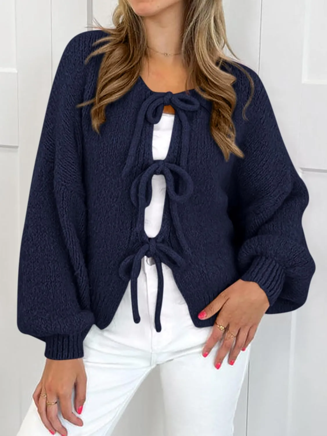 MASCOMODA 2025 Bow Tie Front Cardigan Sweaters for Women Fall Winter Oversized Long Sleeve Open Front Chunky Sweater Coats