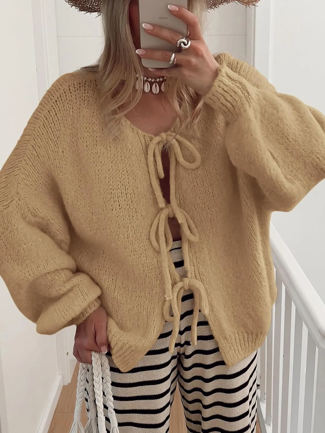 MASCOMODA 2025 Bow Tie Front Cardigan Sweaters for Women Fall Winter Oversized Long Sleeve Open Front Chunky Sweater Coats