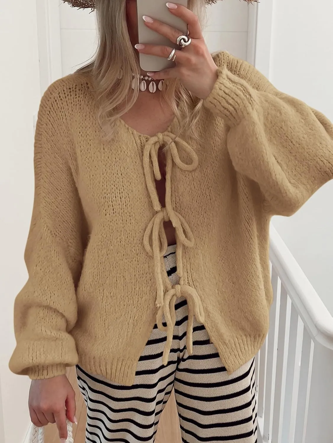 MASCOMODA 2025 Bow Tie Front Cardigan Sweaters for Women Fall Winter Oversized Long Sleeve Open Front Chunky Sweater Coats
