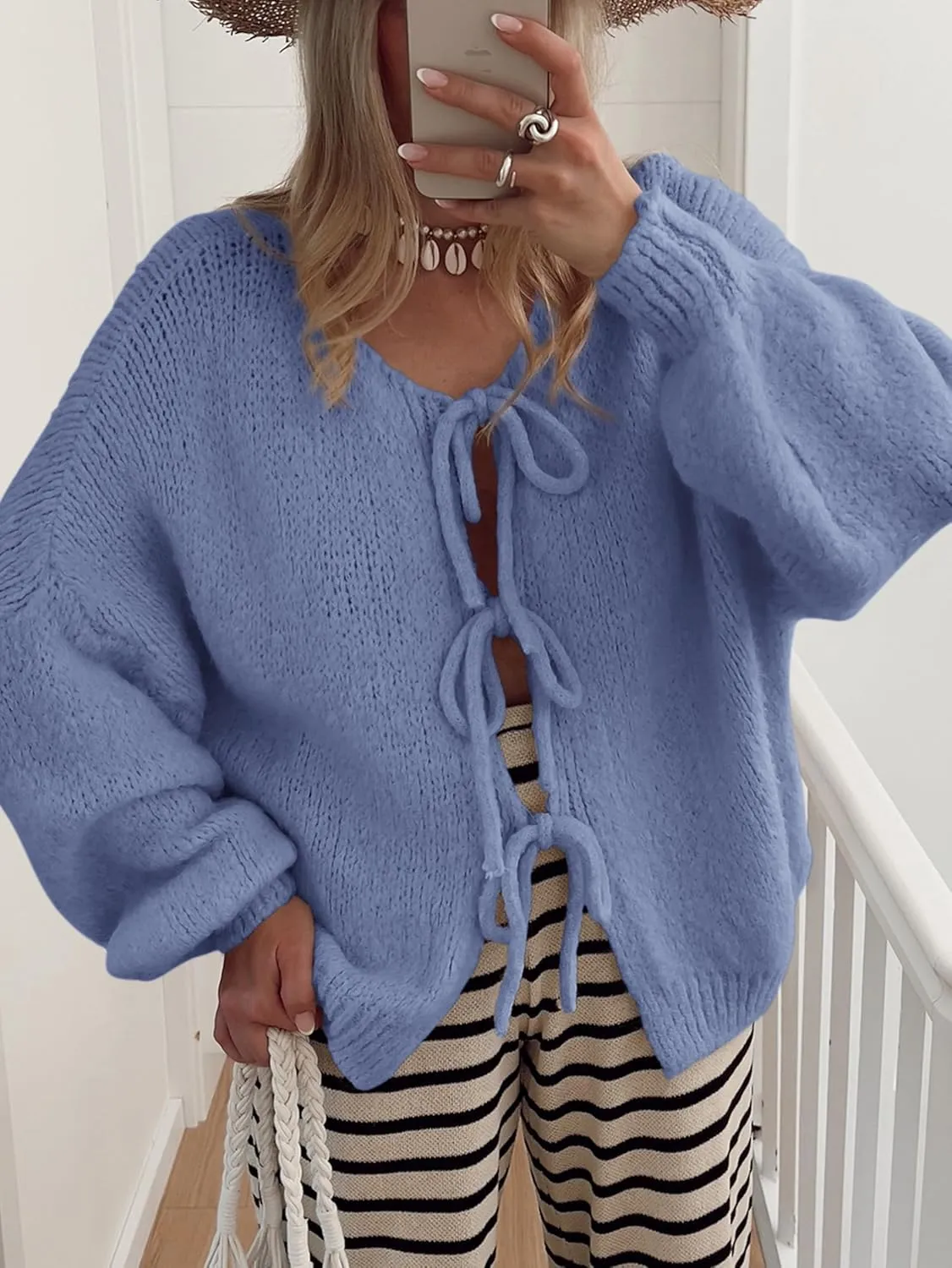 MASCOMODA 2025 Bow Tie Front Cardigan Sweaters for Women Fall Winter Oversized Long Sleeve Open Front Chunky Sweater Coats
