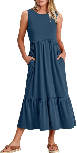 Maxi Dresses for Women 2025 Sleeveless Crewneck Maxi Dress Ruffle Tiered Flowy Swing Dresses Ruch Flutter Sundress