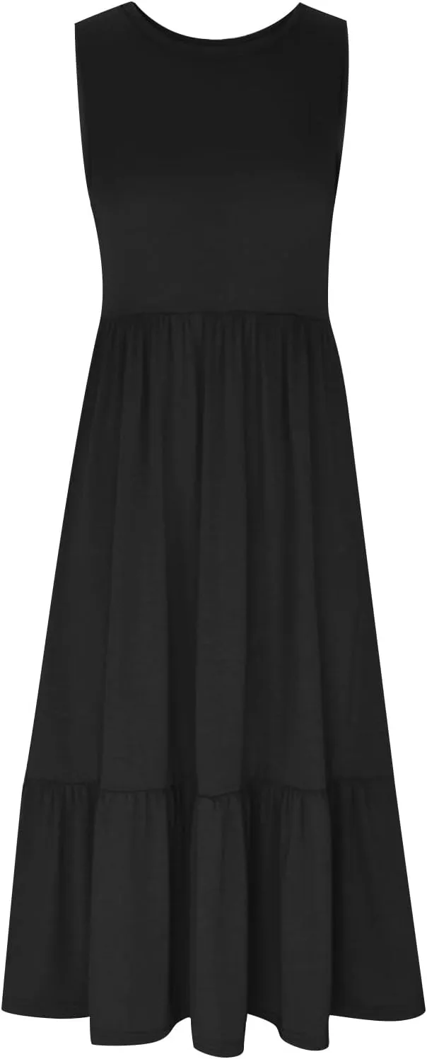 Maxi Dresses for Women 2025 Sleeveless Crewneck Maxi Dress Ruffle Tiered Flowy Swing Dresses Ruch Flutter Sundress