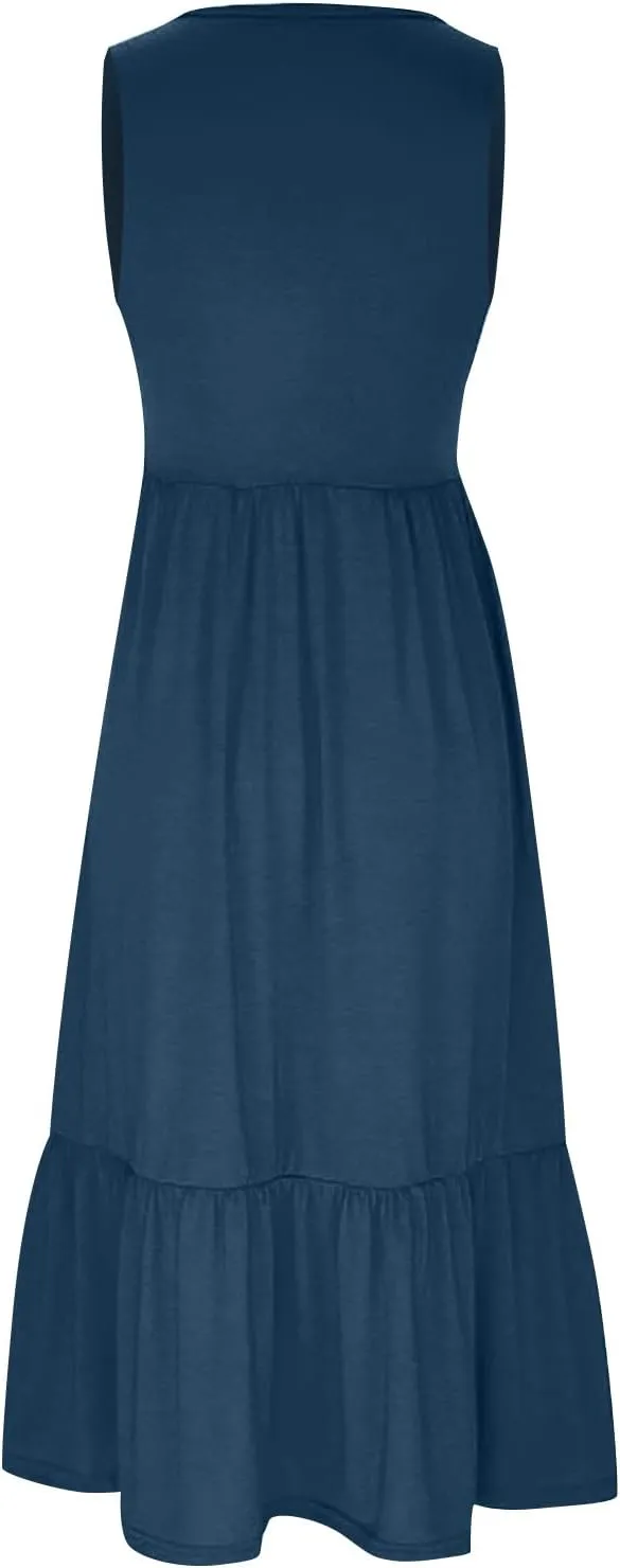 Maxi Dresses for Women 2025 Sleeveless Crewneck Maxi Dress Ruffle Tiered Flowy Swing Dresses Ruch Flutter Sundress