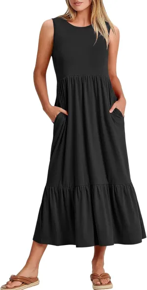 Maxi Dresses for Women 2025 Sleeveless Crewneck Maxi Dress Ruffle Tiered Flowy Swing Dresses Ruch Flutter Sundress