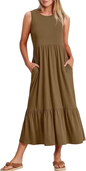 Maxi Dresses for Women 2025 Sleeveless Crewneck Maxi Dress Ruffle Tiered Flowy Swing Dresses Ruch Flutter Sundress