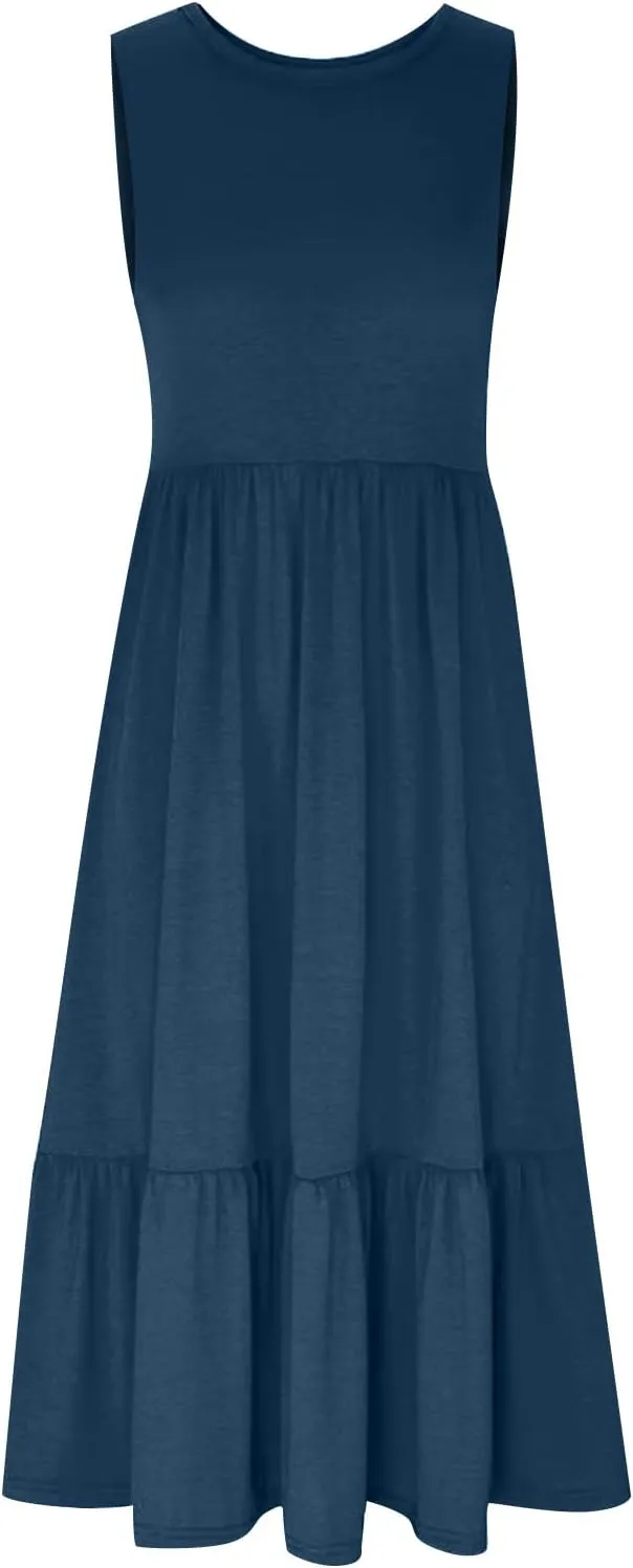 Maxi Dresses for Women 2025 Sleeveless Crewneck Maxi Dress Ruffle Tiered Flowy Swing Dresses Ruch Flutter Sundress