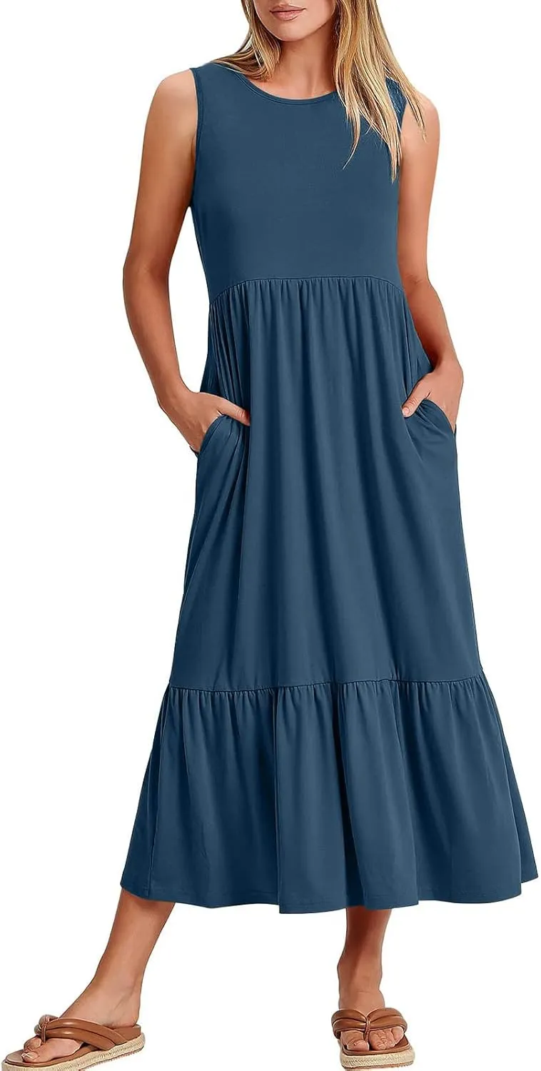 Maxi Dresses for Women 2025 Sleeveless Crewneck Maxi Dress Ruffle Tiered Flowy Swing Dresses Ruch Flutter Sundress