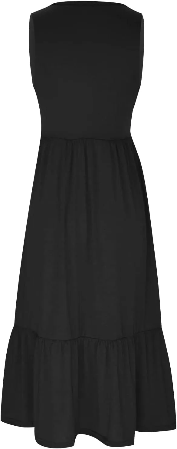 Maxi Dresses for Women 2025 Sleeveless Crewneck Maxi Dress Ruffle Tiered Flowy Swing Dresses Ruch Flutter Sundress