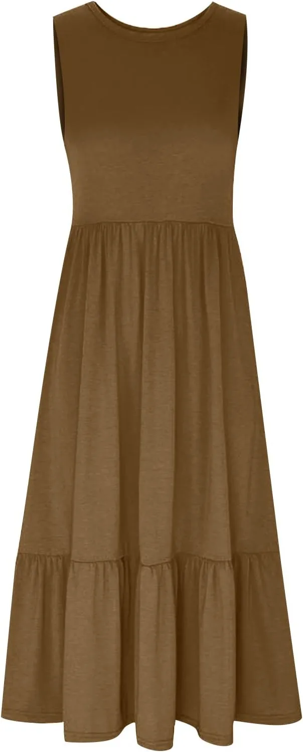 Maxi Dresses for Women 2025 Sleeveless Crewneck Maxi Dress Ruffle Tiered Flowy Swing Dresses Ruch Flutter Sundress