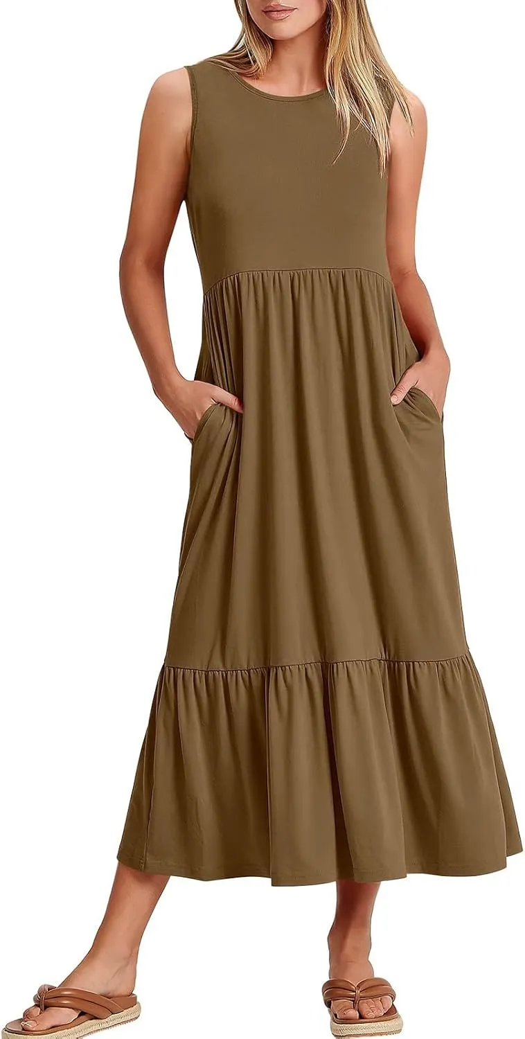 Maxi Dresses for Women 2025 Sleeveless Crewneck Maxi Dress Ruffle Tiered Flowy Swing Dresses Ruch Flutter Sundress