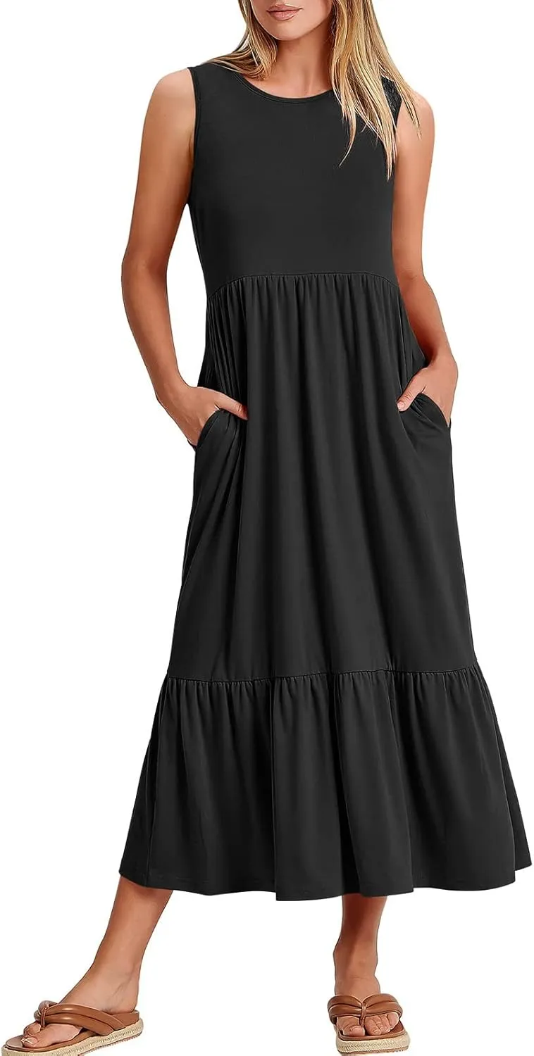 Maxi Dresses for Women 2025 Sleeveless Crewneck Maxi Dress Ruffle Tiered Flowy Swing Dresses Ruch Flutter Sundress