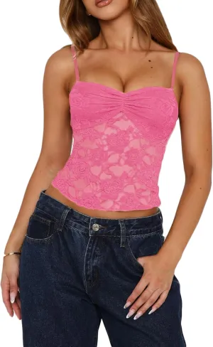 Meihuida Women Lace Top Y2k Going Out Trendy Sexy Mesh See Through Cami Tank Tops