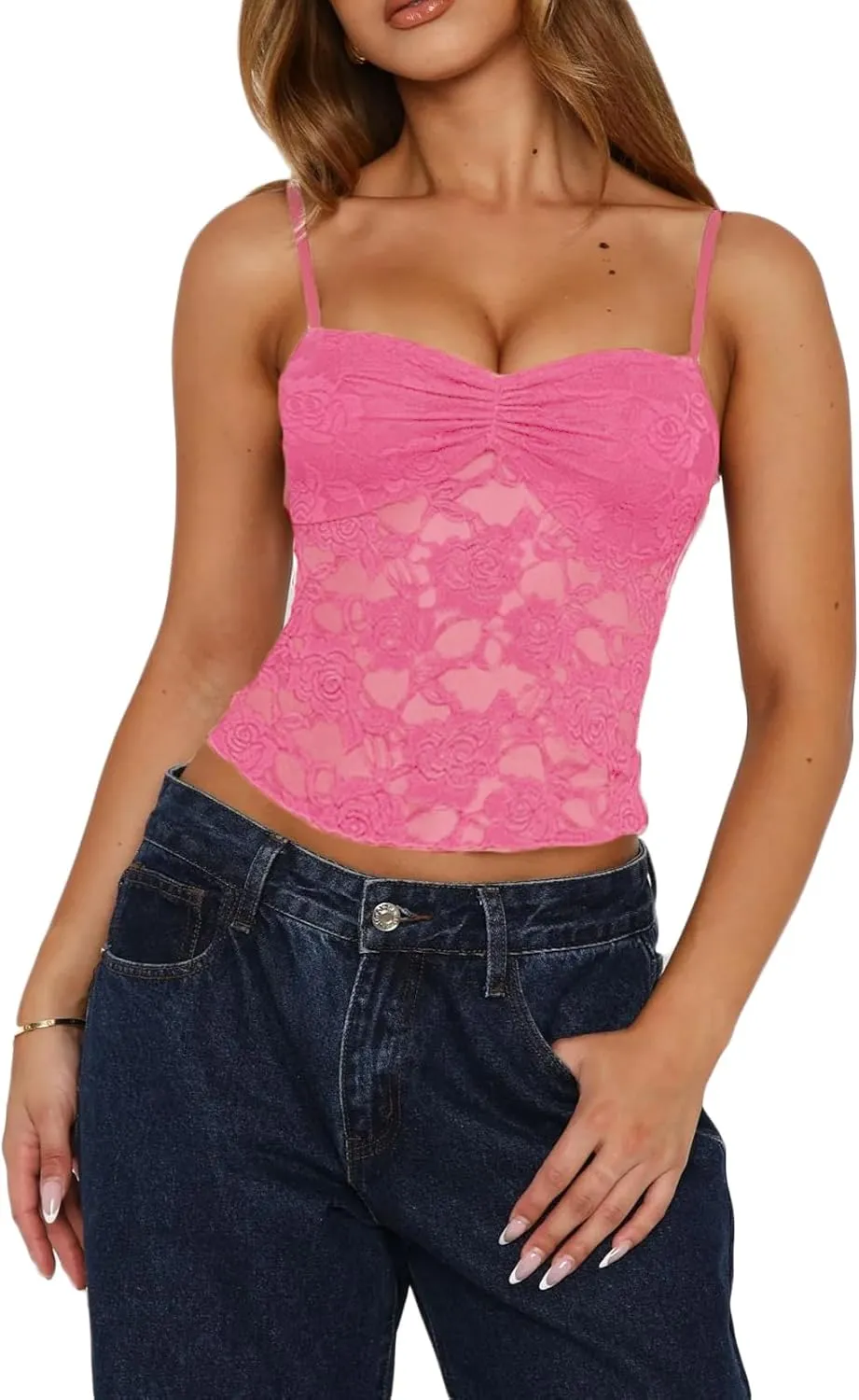 Meihuida Women Lace Top Y2k Going Out Trendy Sexy Mesh See Through Cami Tank Tops