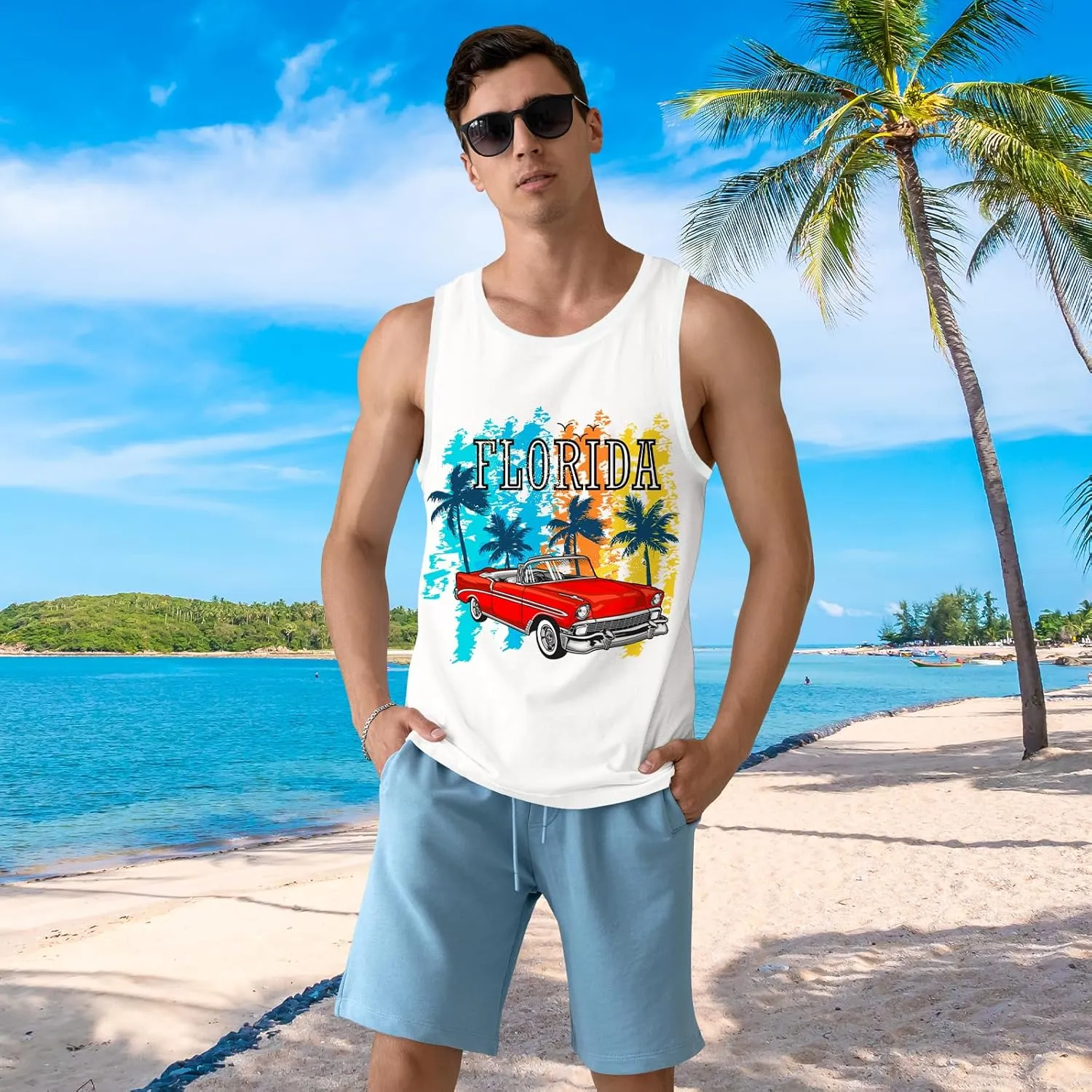 Mens Beach Tank Tops Sleeveless Shirts for Men Summer Hawaiian Graphic Mens Tank Top Workout Gym Shirts Palm Tree Tops
