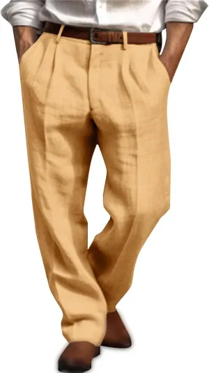 Mens Casual Linen Pants Straight-Leg Breathable Trousers Loose Fit Comfy Yoga Pants Lightweight Simple Beach Trousers