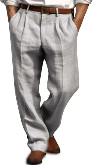 Mens Casual Linen Pants Straight-Leg Breathable Trousers Loose Fit Comfy Yoga Pants Lightweight Simple Beach Trousers