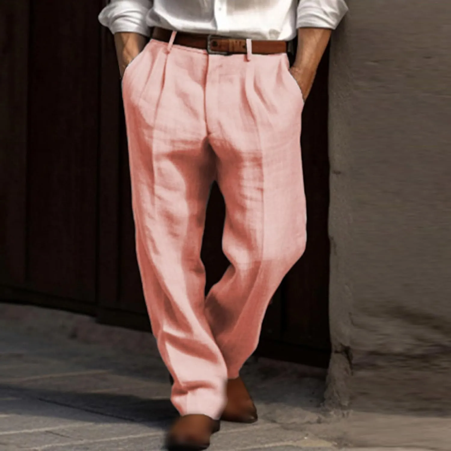 Mens Casual Linen Pants Straight-Leg Breathable Trousers Loose Fit Comfy Yoga Pants Lightweight Simple Beach Trousers