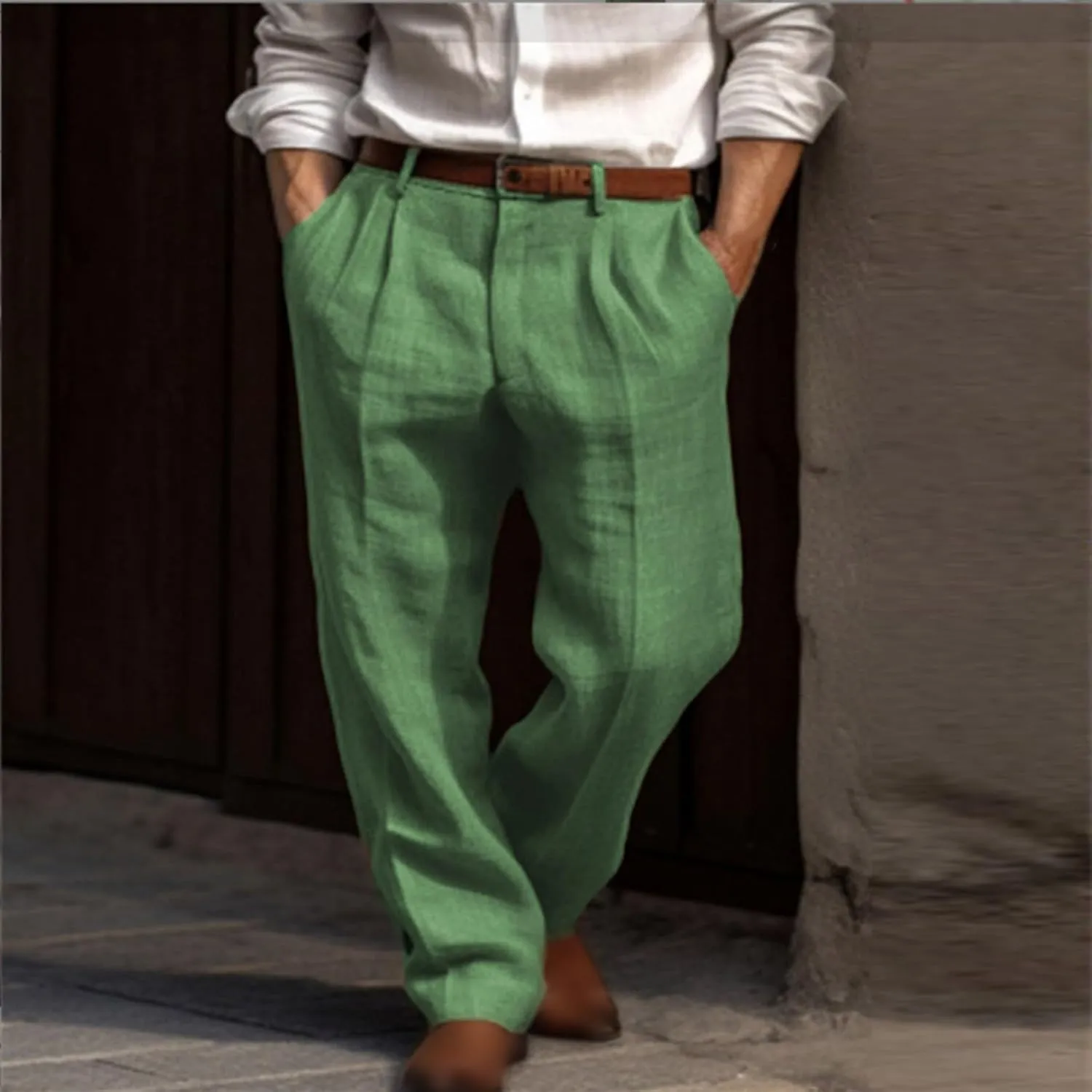 Mens Casual Linen Pants Straight-Leg Breathable Trousers Loose Fit Comfy Yoga Pants Lightweight Simple Beach Trousers
