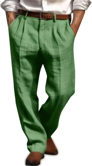 Mens Casual Linen Pants Straight-Leg Breathable Trousers Loose Fit Comfy Yoga Pants Lightweight Simple Beach Trousers