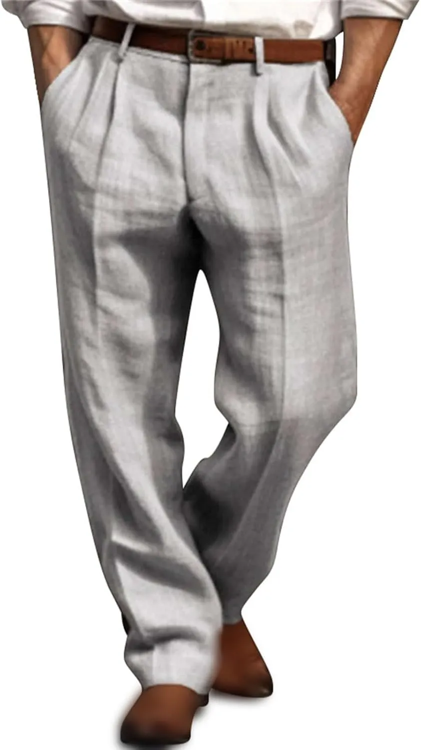 Mens Casual Linen Pants Straight-Leg Breathable Trousers Loose Fit Comfy Yoga Pants Lightweight Simple Beach Trousers