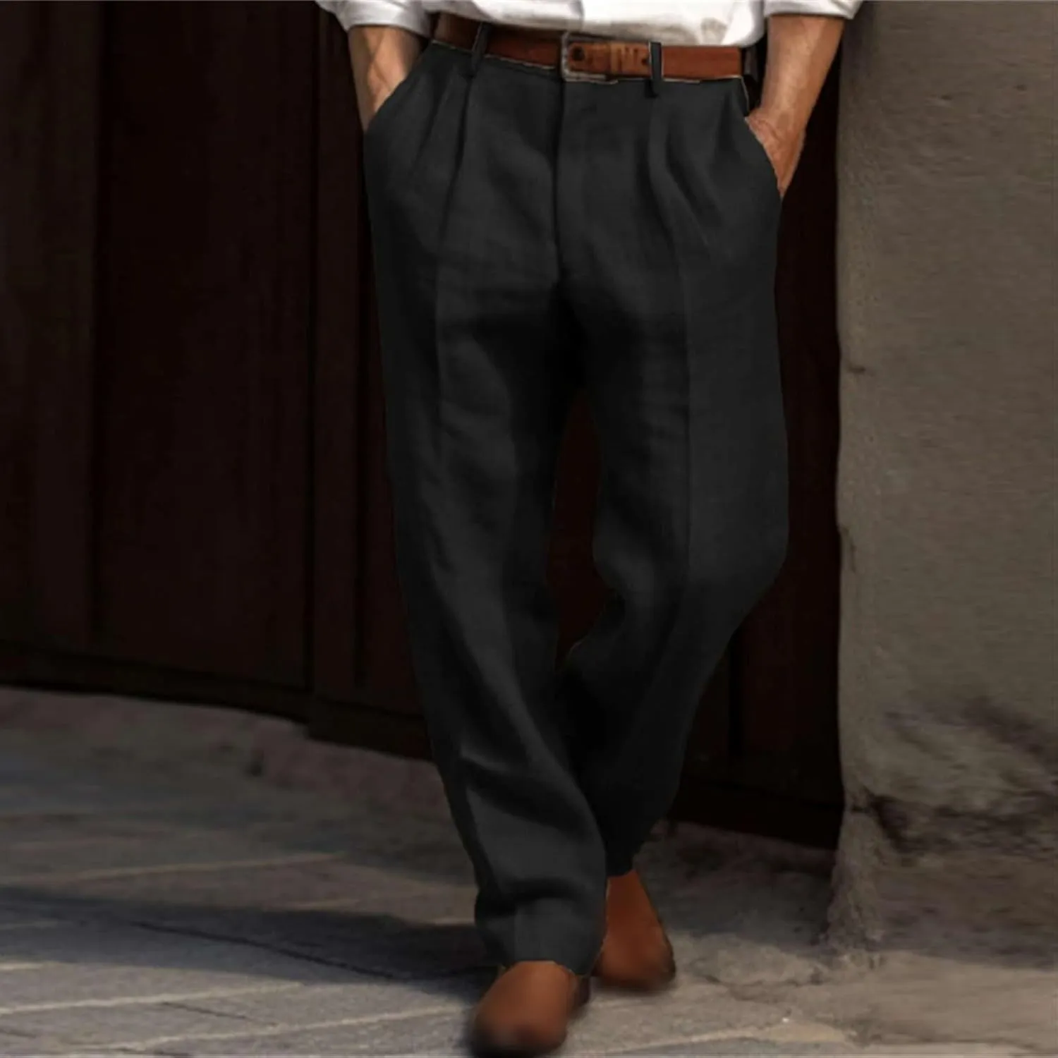 Mens Casual Linen Pants Straight-Leg Breathable Trousers Loose Fit Comfy Yoga Pants Lightweight Simple Beach Trousers