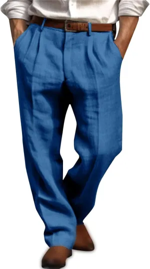 Mens Casual Linen Pants Straight-Leg Breathable Trousers Loose Fit Comfy Yoga Pants Lightweight Simple Beach Trousers