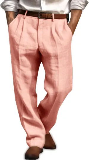 Mens Casual Linen Pants Straight-Leg Breathable Trousers Loose Fit Comfy Yoga Pants Lightweight Simple Beach Trousers