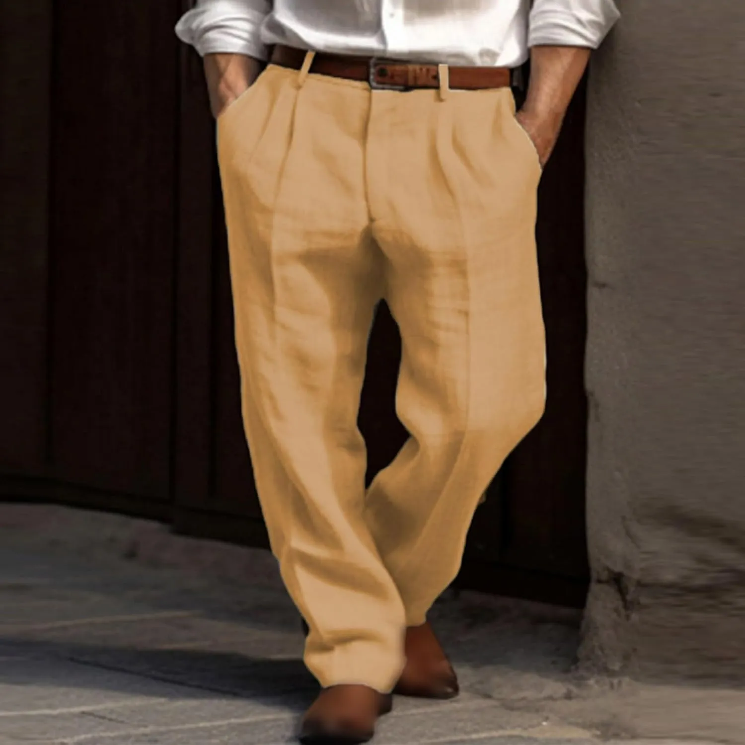 Mens Casual Linen Pants Straight-Leg Breathable Trousers Loose Fit Comfy Yoga Pants Lightweight Simple Beach Trousers