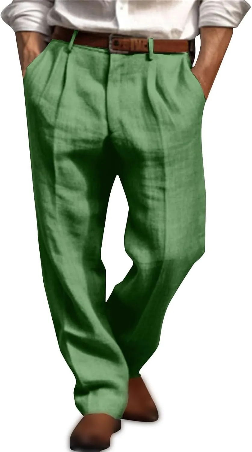 Mens Casual Linen Pants Straight-Leg Breathable Trousers Loose Fit Comfy Yoga Pants Lightweight Simple Beach Trousers