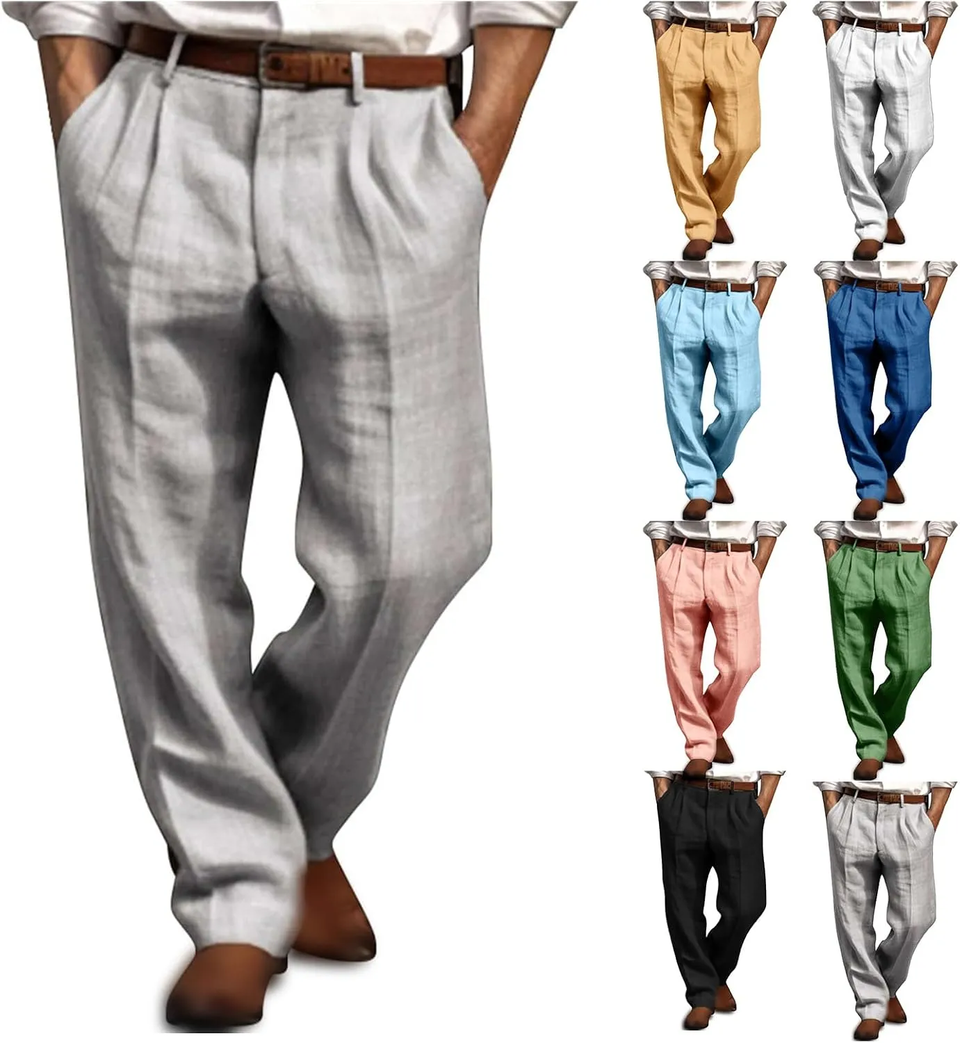 Mens Casual Linen Pants Straight-Leg Breathable Trousers Loose Fit Comfy Yoga Pants Lightweight Simple Beach Trousers