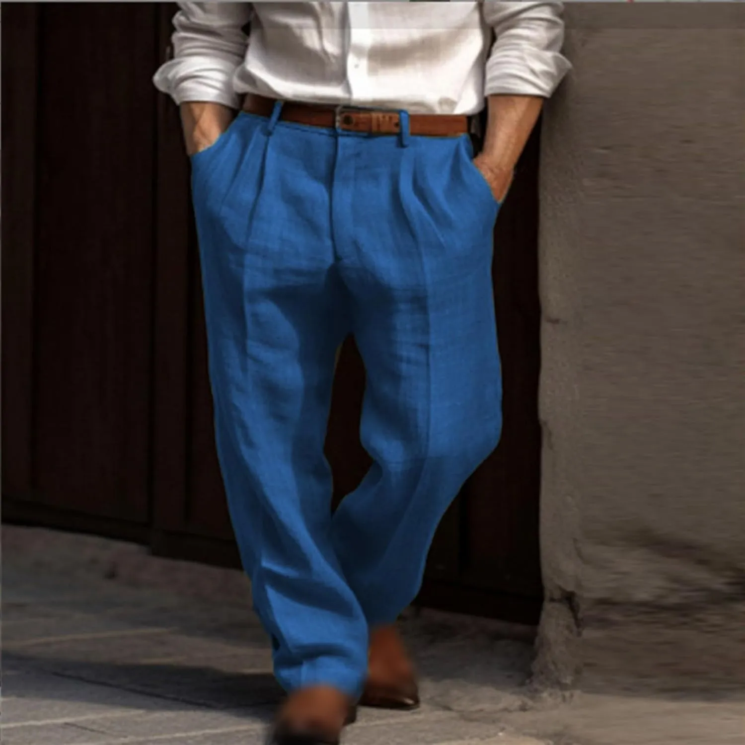 Mens Casual Linen Pants Straight-Leg Breathable Trousers Loose Fit Comfy Yoga Pants Lightweight Simple Beach Trousers