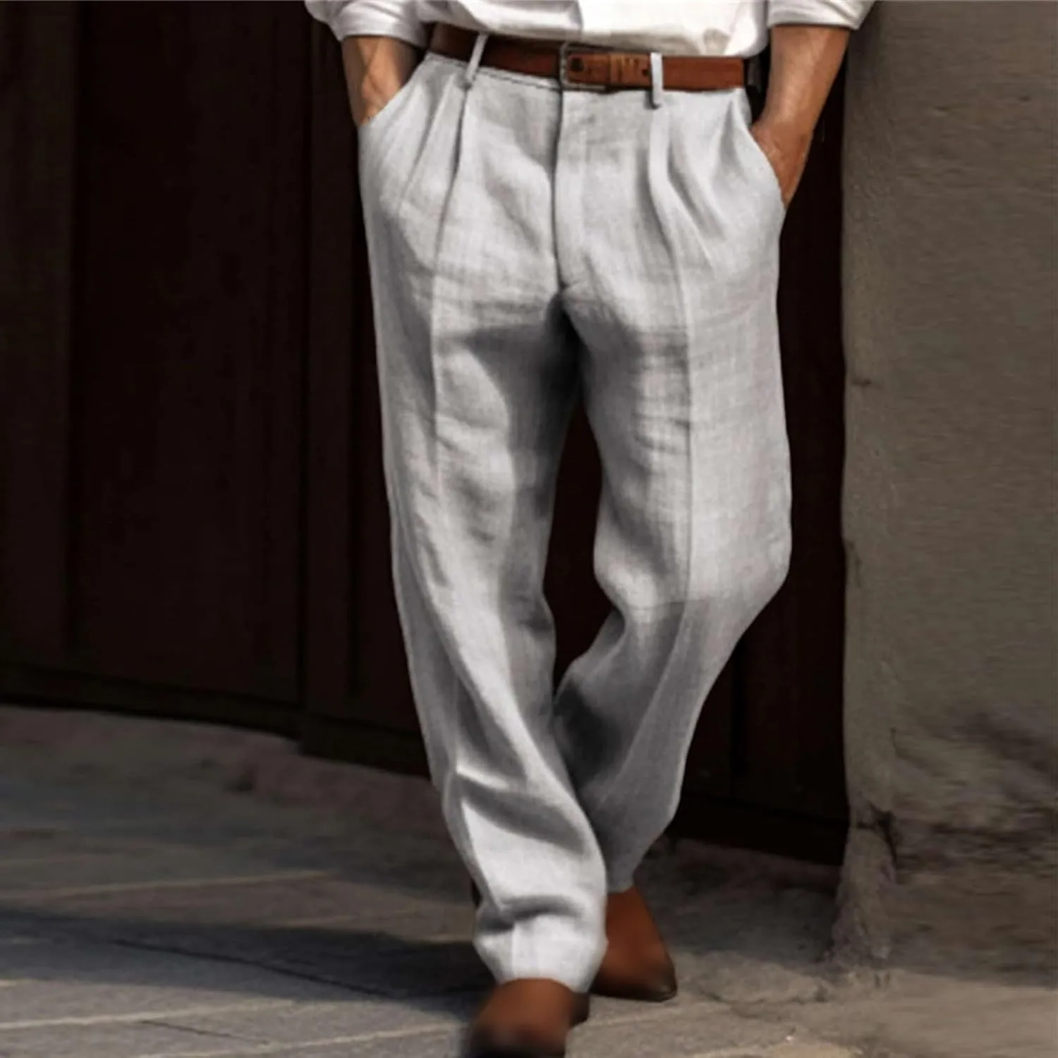 Mens Casual Linen Pants Straight-Leg Breathable Trousers Loose Fit Comfy Yoga Pants Lightweight Simple Beach Trousers