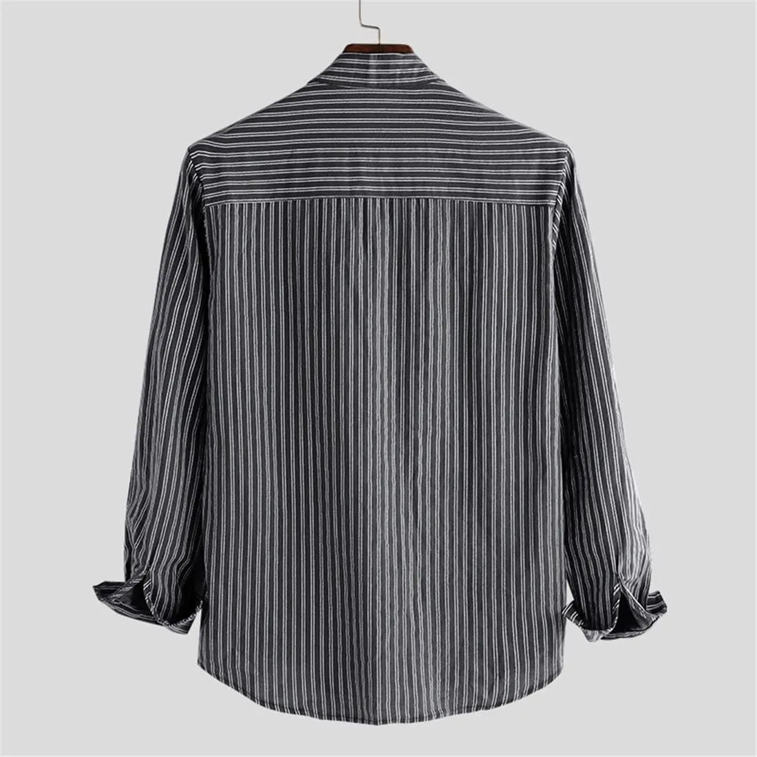 Mens Cotton Linen Button Down Shirts Fashion Striped Long Sleeve Banded Collar Casual Shirt Beach Summer Shirt Tops