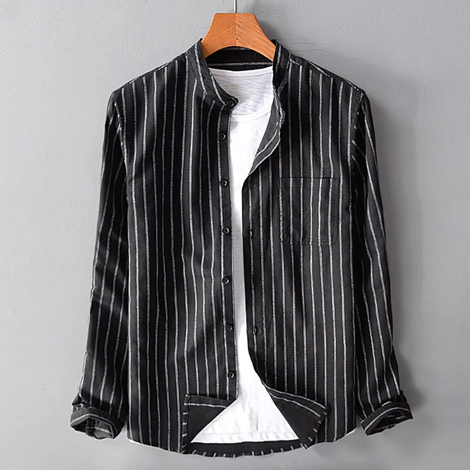 Mens Cotton Linen Button Down Shirts Fashion Striped Long Sleeve Banded Collar Casual Shirt Beach Summer Shirt Tops