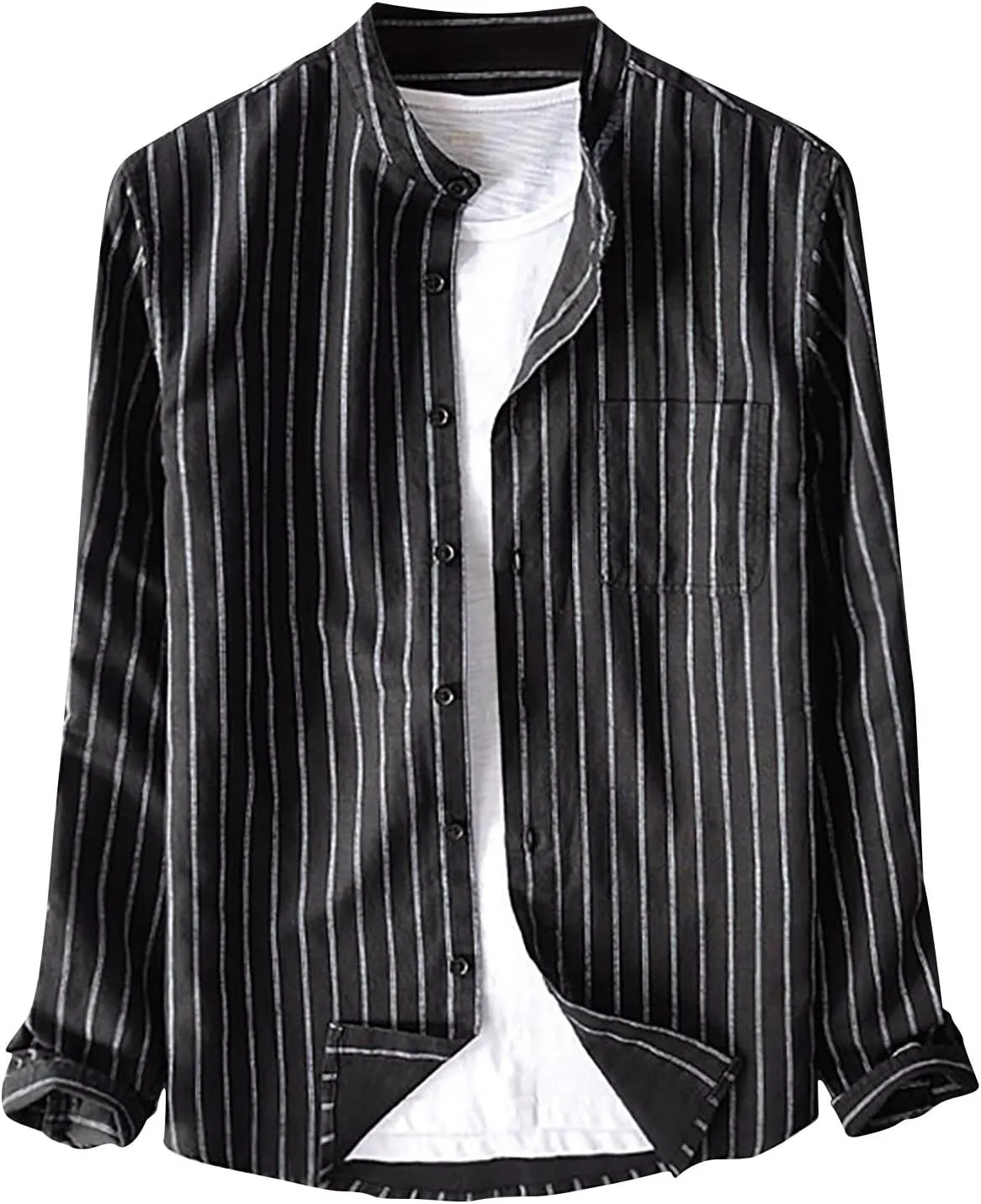 Mens Cotton Linen Button Down Shirts Fashion Striped Long Sleeve Banded Collar Casual Shirt Beach Summer Shirt Tops