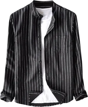 Mens Cotton Linen Button Down Shirts Fashion Striped Long Sleeve Banded Collar Casual Shirt Beach Summer Shirt Tops