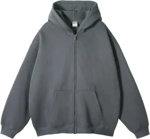Mens Hoodie Pullover Zip Up Drop Shoulder Oversized Jacket Teens Preppy Loose Casual Fleece Drawstring Pullover Tops