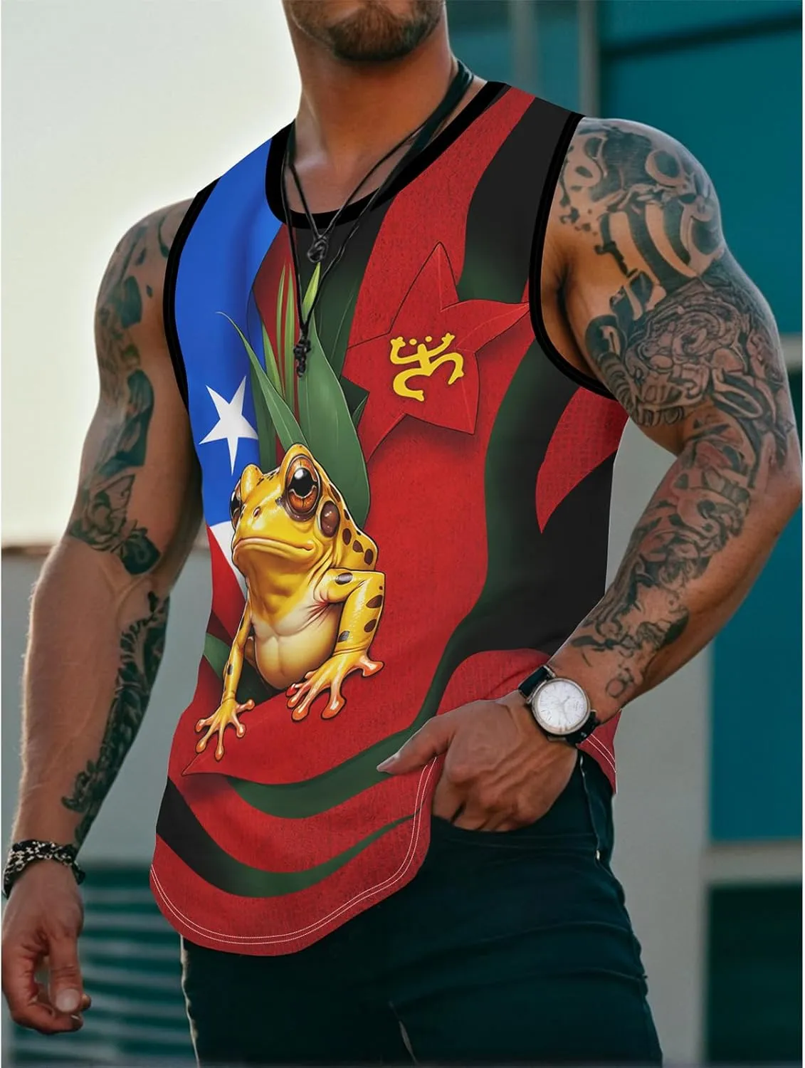 Men's Puerto Rican Flag Tank Top Casual 3D Frog Graphic Print Shirt Quick Dry Sleeveless Sports Vest
