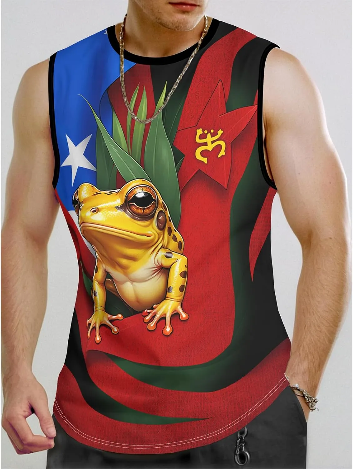 Men's Puerto Rican Flag Tank Top Casual 3D Frog Graphic Print Shirt Quick Dry Sleeveless Sports Vest