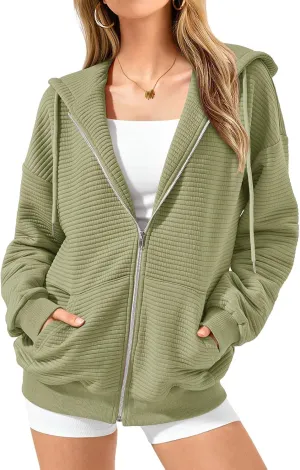 Mmoneyake Zip Up Hoodie Women Long Sleeve Sweatshirts 2024 Oversized Waffle Knit Hoodies Casual Fashion Jackets Fall Outfits