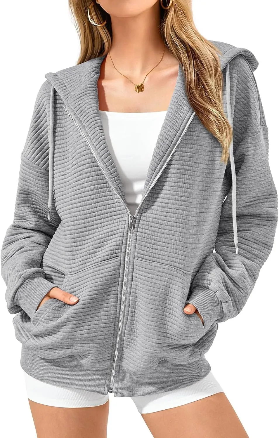 Mmoneyake Zip Up Hoodie Women Long Sleeve Sweatshirts 2024 Oversized Waffle Knit Hoodies Casual Fashion Jackets Fall Outfits
