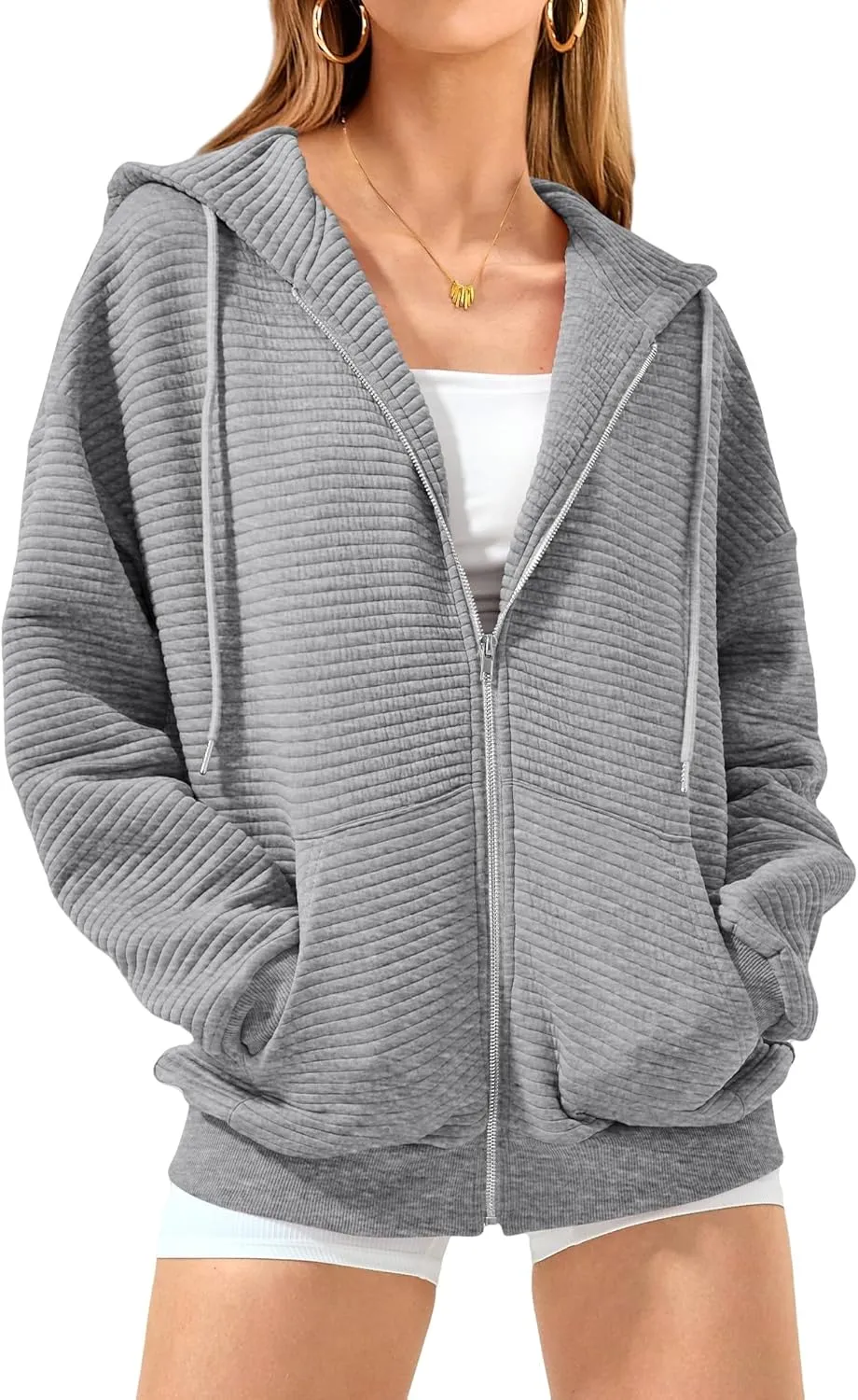 Mmoneyake Zip Up Hoodie Women Long Sleeve Sweatshirts 2024 Oversized Waffle Knit Hoodies Casual Fashion Jackets Fall Outfits