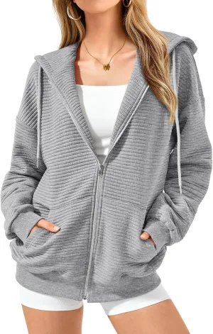 Mmoneyake Zip Up Hoodie Women Long Sleeve Sweatshirts 2024 Oversized Waffle Knit Hoodies Casual Fashion Jackets Fall Outfits