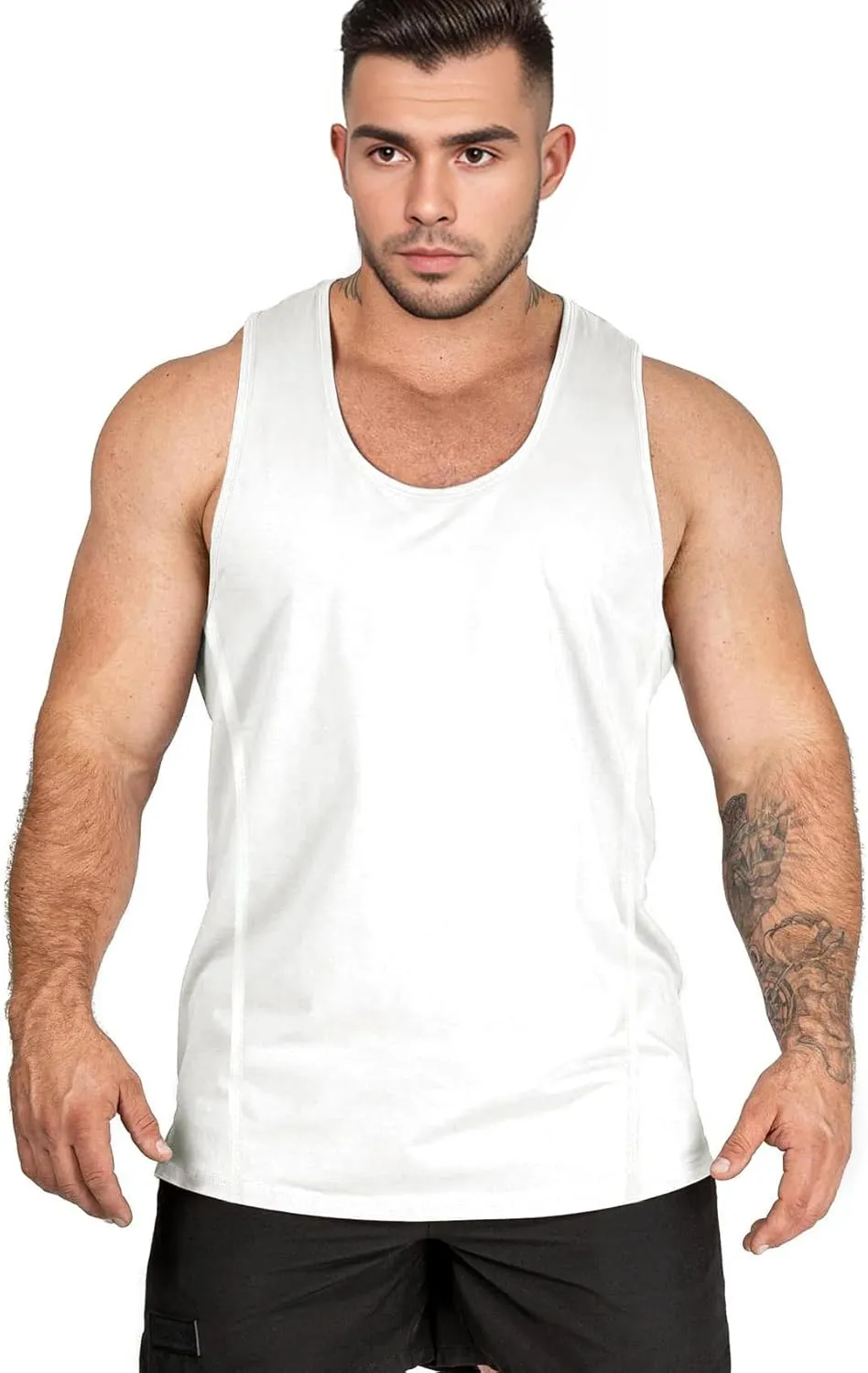 Muscle Cmdr Mens Slim Fit Workout Tank Top Bodybuilding Muscle Shirts Fitness Quick Dry Athletic Gym Deep Round Neck Stretch