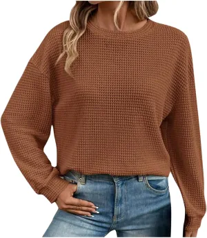 Mzkdieey Womens Waffle Knit Sweatshirts Oversized Crewneck Sweater 2024 Long Sleeve Solid Color Pullover Jumper Tops