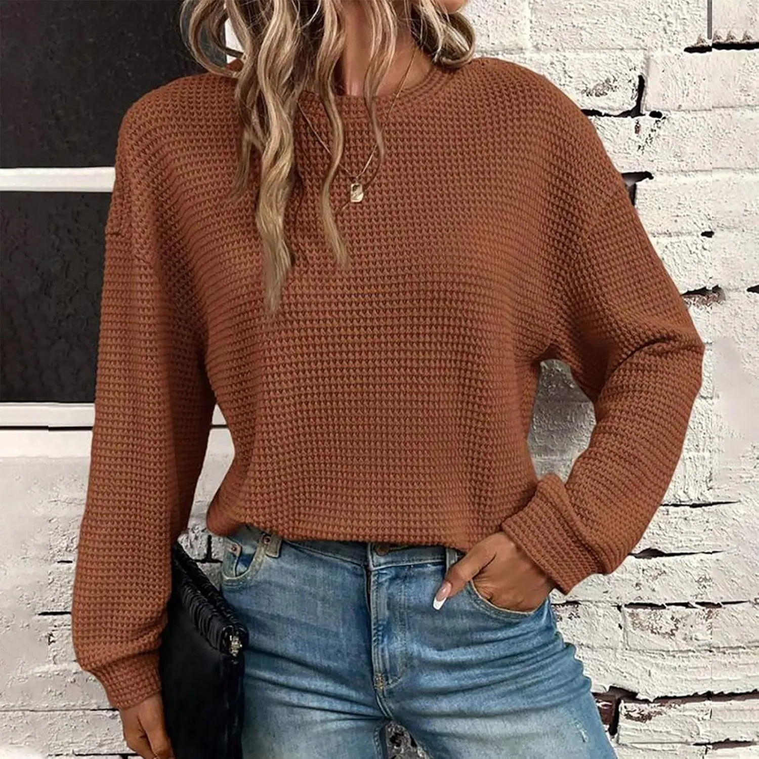 Mzkdieey Womens Waffle Knit Sweatshirts Oversized Crewneck Sweater 2024 Long Sleeve Solid Color Pullover Jumper Tops