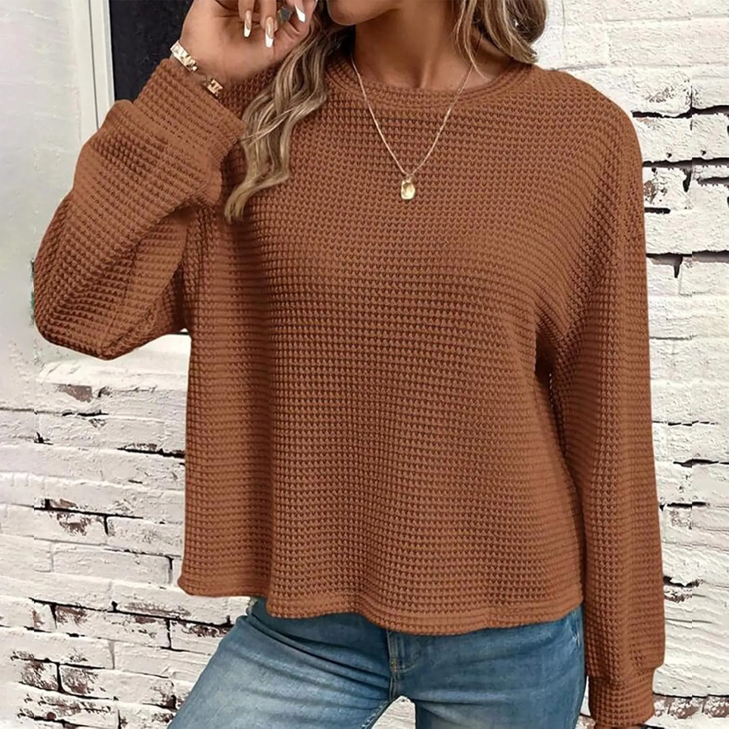 Mzkdieey Womens Waffle Knit Sweatshirts Oversized Crewneck Sweater 2024 Long Sleeve Solid Color Pullover Jumper Tops