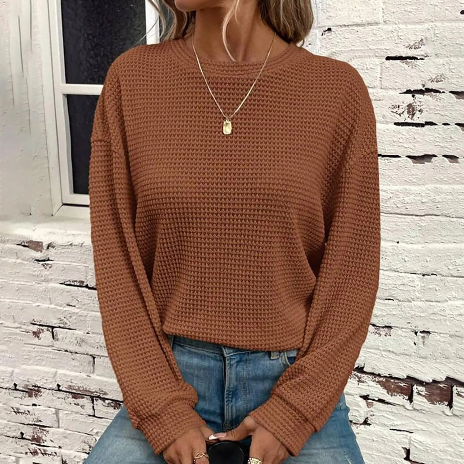 Mzkdieey Womens Waffle Knit Sweatshirts Oversized Crewneck Sweater 2024 Long Sleeve Solid Color Pullover Jumper Tops